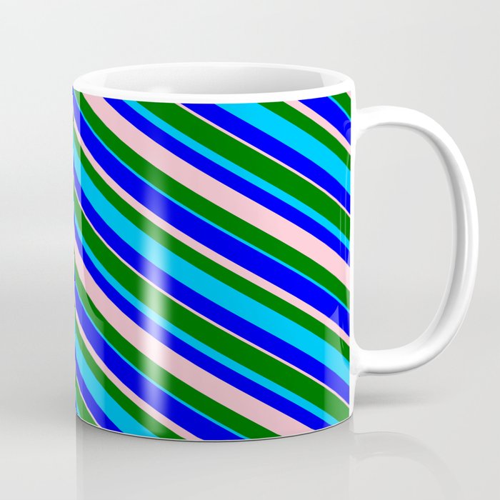 Dark Green, Deep Sky Blue, Blue & Pink Colored Stripes/Lines Pattern Coffee Mug