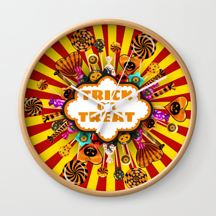 Halloween Trick or Treat Candy and sweets. Autumn october holiday tradition celebration poster. Vintage illustration isolated Wall Clock