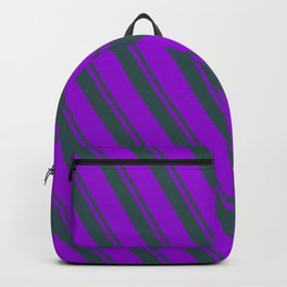 [ Thumbnail: Dark Slate Gray & Dark Violet Colored Striped Pattern Backpack ]