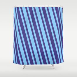 [ Thumbnail: Dark Slate Blue and Light Sky Blue Colored Lines Pattern Shower Curtain ]