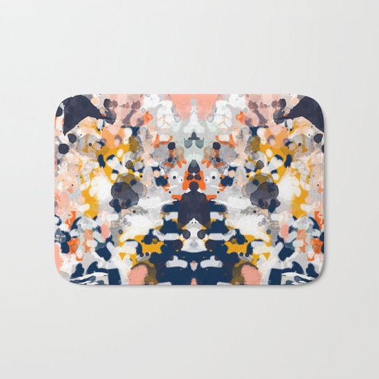Stella - Abstract painting in modern fresh colors navy, orange, pink, cream, white, and gold Bath Mat