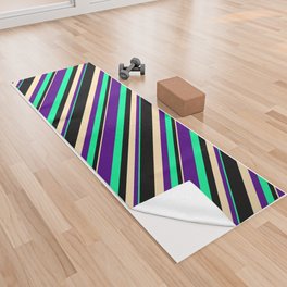 [ Thumbnail: Green, Indigo, Beige, and Black Colored Striped Pattern Yoga Towel ]