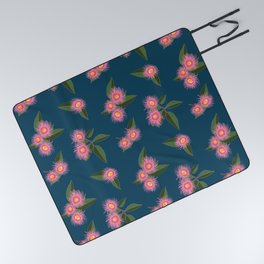 Pink Flowering Gum Australian Native Flora Corymbia Ficifolia Floral on Navy Background Picnic Blanket