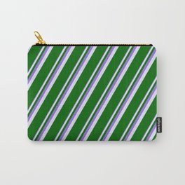 [ Thumbnail: Purple, Lavender & Dark Green Colored Pattern of Stripes Carry-All Pouch ]