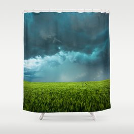 April Showers - Thunderstorm Over Lush Green Wheat Field on Spring Day in Kansas Shower Curtain