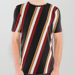 [ Thumbnail: Eyecatching Tan, Chocolate, Mint Cream, Maroon & Black Colored Pattern of Stripes All Over Graphic Tee ]
