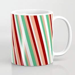[ Thumbnail: Sea Green, White, Dark Red & Light Salmon Colored Lines/Stripes Pattern Coffee Mug ]