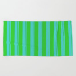 [ Thumbnail: Turquoise and Lime Green Colored Pattern of Stripes Beach Towel ]
