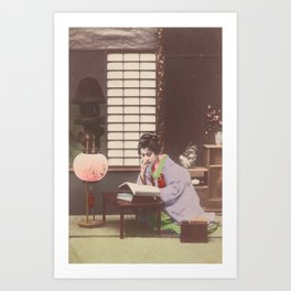 Young woman reading near lamp, Vintage Postcard Art Print | Japan, India, Vacation, Trip, Retro, Thailand, Expedition, China, Vintage, Photographic 