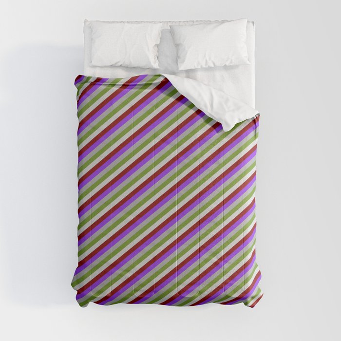 Vibrant Dark Grey, Green, Light Grey, Maroon & Purple Colored Lines/Stripes Pattern Comforter