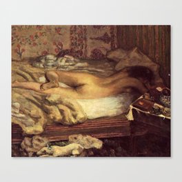 La sieste, Nude Brunette in Bed, Late Afternoon Barcelona portrait painting by Pierre Bonnard Canvas Print