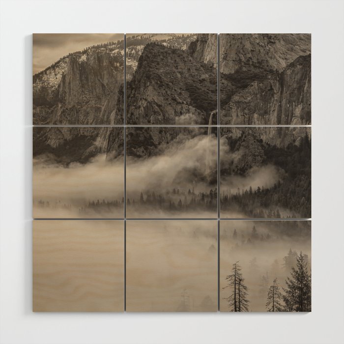 Fog over The Valley bw Wood Wall Art