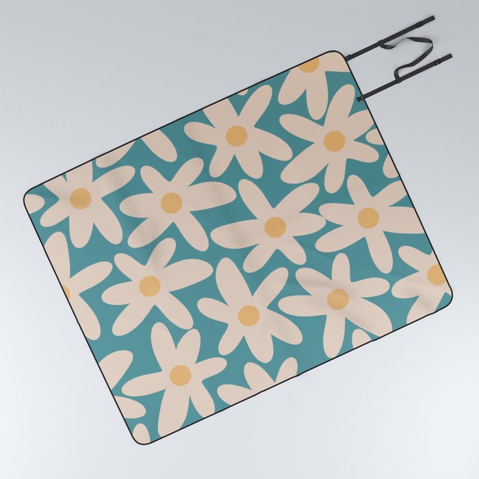 Daisy Time Retro Floral Pattern Teal Blue and Mustard Picnic Blanket