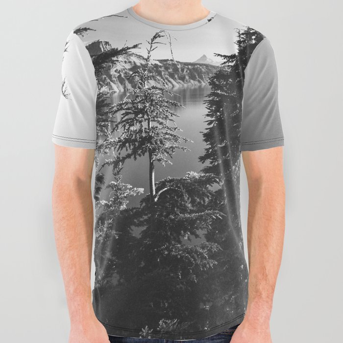 Mountain Lake Forest Black and White Nature Photography All Over Graphic Tee