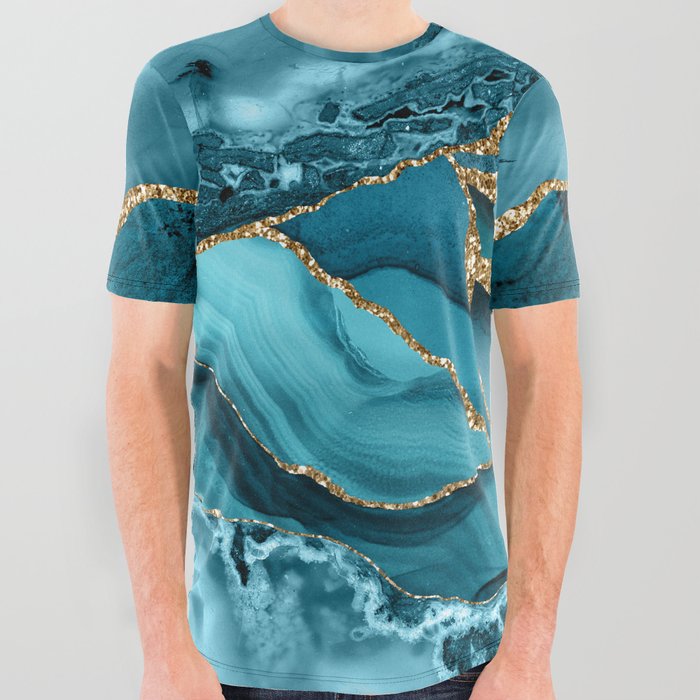 Abstract Blue Ice  And Gold Emerald Marble Landscape All Over Graphic Tee