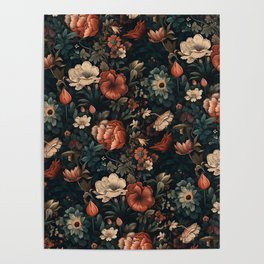 Vintage Aesthetic Beautiful Flowers, Nature Art, Dark Cottagecore Plant Collage - Flower Poster