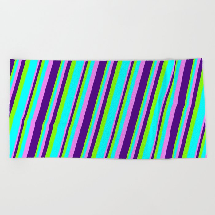 Chartreuse, Aqua, Violet, and Indigo Colored Striped/Lined Pattern Beach Towel