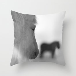 Icelandic horses black and white | Winter Iceland nature travel photograph  | Silhouette portrait Throw Pillow