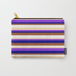 [ Thumbnail: Eyecatching Tan, Purple, Blue, Sienna & White Colored Lines/Stripes Pattern Carry-All Pouch ]