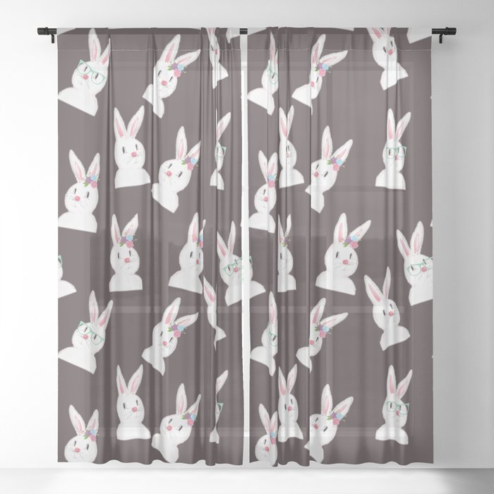 Easter Bunny With Glasses And Flowers Pattern- Brown Sheer Curtain