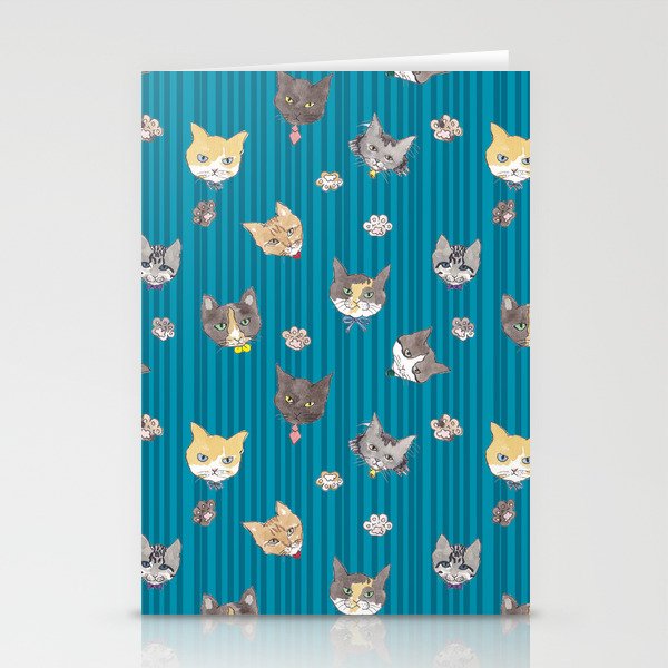 Cats with Paws Pattern/Hand-drawn in Watercolour/Blue Stripe Background Stationery Cards