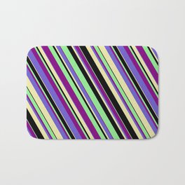 [ Thumbnail: Light Green, Purple, Slate Blue, Pale Goldenrod, and Black Colored Lines/Stripes Pattern Bath Mat ]
