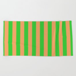 [ Thumbnail: Lime Green & Brown Colored Lined Pattern Beach Towel ]
