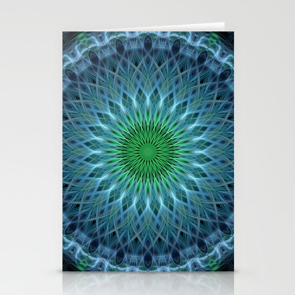 Glowing blue and green mandala Stationery Cards