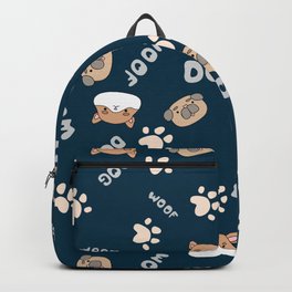 Blue pattern with cute, funny happy dogs. Paw prints, woof with hearts text and pets. Backpack