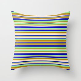 [ Thumbnail: Light Green, Dark Goldenrod, Beige, and Blue Colored Stripes/Lines Pattern Throw Pillow ]