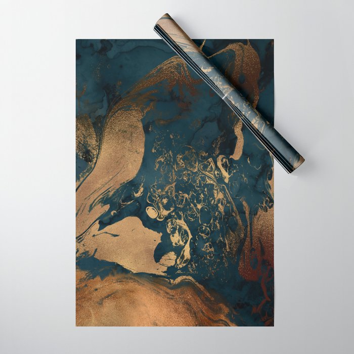 Emerald Indigo And Copper Glamour Marble Wrapping Paper