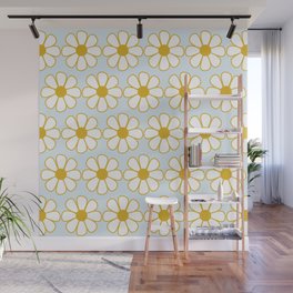 Cheerful Retro Daisy Pattern in Mustard and Pale Ice Blue Wall Mural