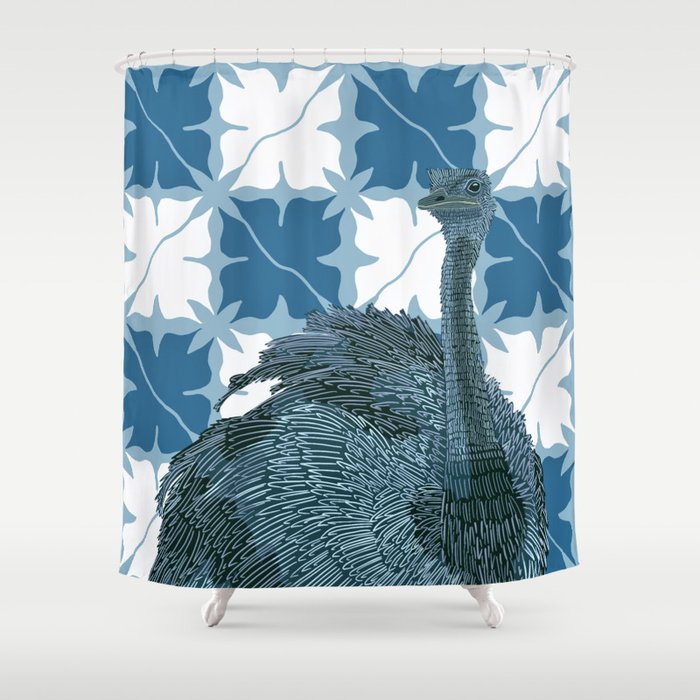 Ostrich from Africa standing on a modern blue checkerboard pattern Shower Curtain