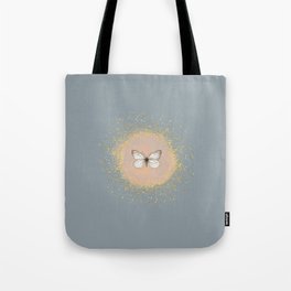 Hand-Drawn Butterfly and Gold Circle Frame on Greenish Gray Tote Bag