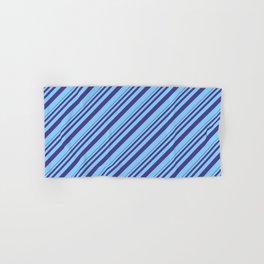 [ Thumbnail: Dark Slate Blue and Light Sky Blue Colored Stripes/Lines Pattern Hand & Bath Towel ]