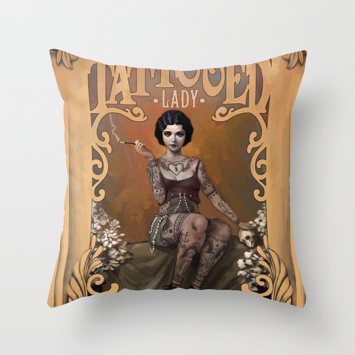 The Amazing Tattooed Lady Throw Pillow