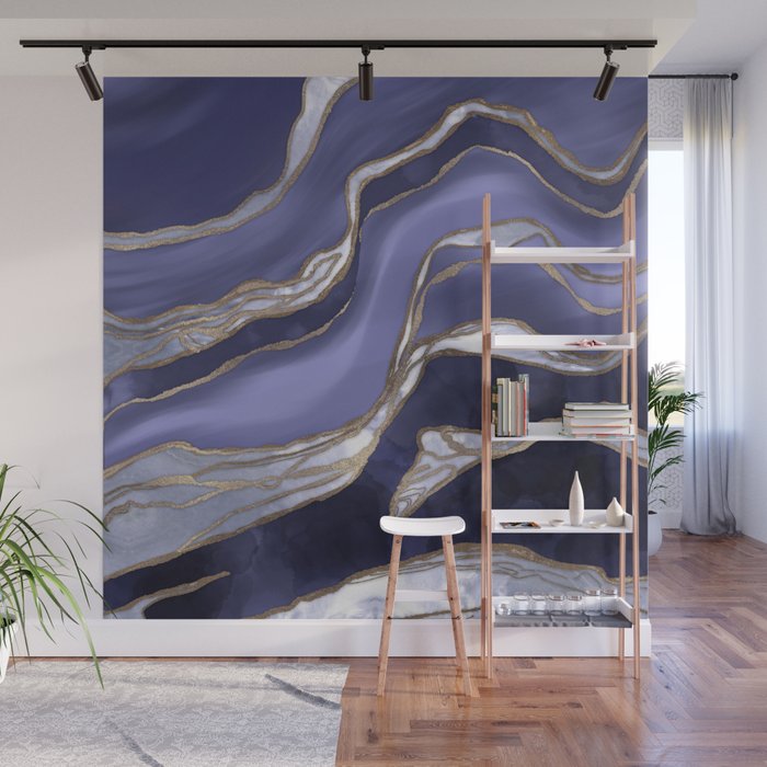 Very Peri Pearl and Gold Abstract Flow Wall Mural