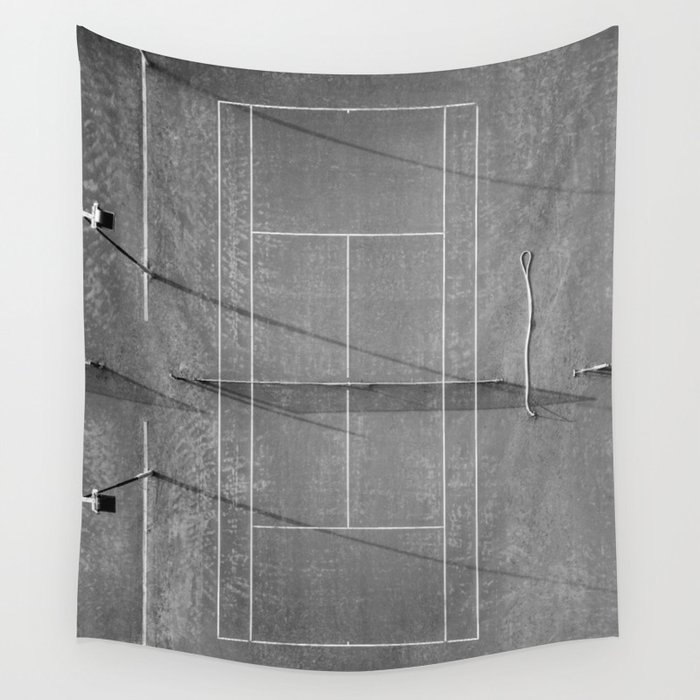 Grey tennis court at sunrise | Black and white drone aerial photography art | sports field print Wall Tapestry