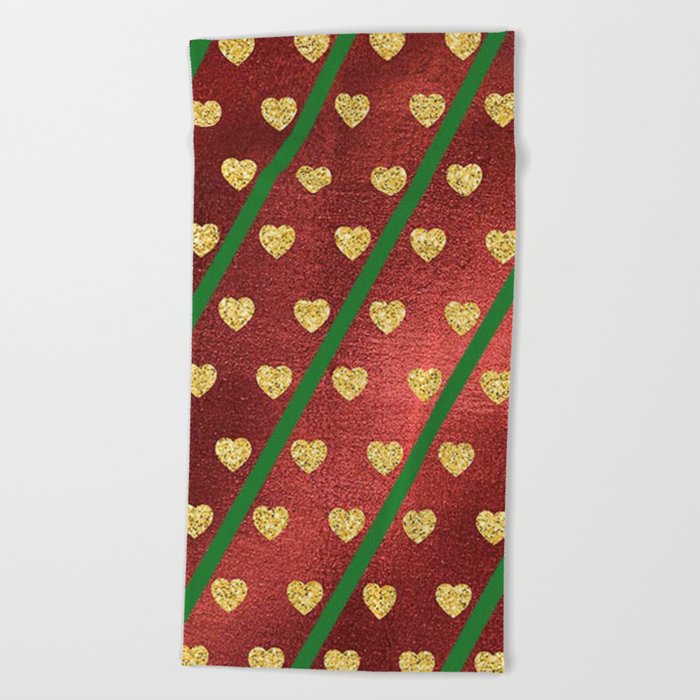 Gold Hearts on a Red Shiny Background with Green Diagonal Lines  Beach Towel