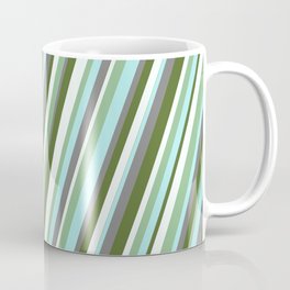 [ Thumbnail: Vibrant Dark Olive Green, Mint Cream, Dark Sea Green, Turquoise & Grey Colored Stripes Pattern Coffee Mug ]