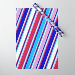 [ Thumbnail: Colorful Plum, Crimson, Blue, Deep Sky Blue, and Mint Cream Colored Lined/Striped Pattern Wrapping Paper ]