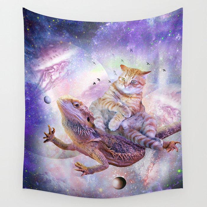 Space Cat Riding Bearded Dragon Lizard Wall Tapestry
