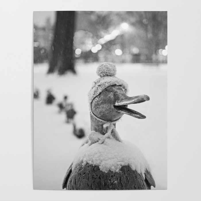 Make Way For Ducklings in a Dressed for a Snowstorm Boston Massachusetts Black and White Poster