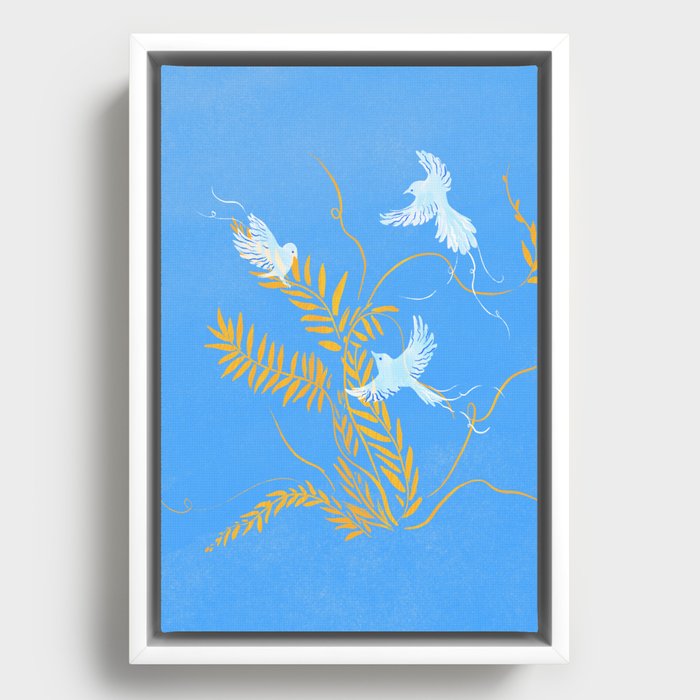 Willow Plants and Birds (blue) Framed Canvas