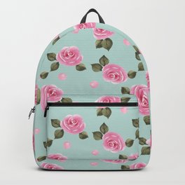 Pink Watercolor Roses and Polka Dots (Aqua) Backpack
