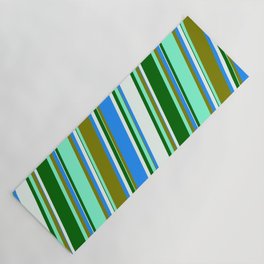 [ Thumbnail: Aquamarine, Green, Blue, Mint Cream, and Dark Green Colored Lined/Striped Pattern Yoga Mat ]