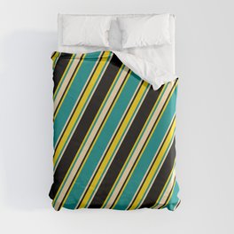 [ Thumbnail: Dark Cyan, Beige, Black, and Yellow Colored Lines/Stripes Pattern Duvet Cover ]
