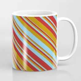 [ Thumbnail: Dark Goldenrod, Sky Blue & Red Colored Stripes Pattern Coffee Mug ]