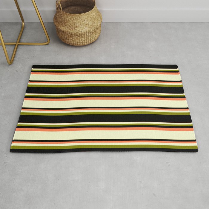 Coral, Light Yellow, Green, and Black Colored Lined/Striped Pattern Rug