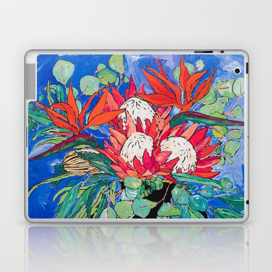 Tropical Protea Bouquet with Toucans in Greek Horse Urn on Ultramarine Blue Laptop & iPad Skin